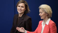 Kristrun Frostadottir, primeira ministra de Islandia, con Ursula Von der Leyen, presidenta da Comisi�n Europea, en Bruxelas, o 14 de xaneiro do 2026.