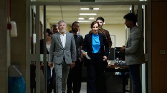 El ministro de Interior, Fernando Grande-Marlaska, y la de Sanidad, M�nica Garc�a, llegando a la rueda de prensa para informar sobre el desembarco del crucero MV Hondius