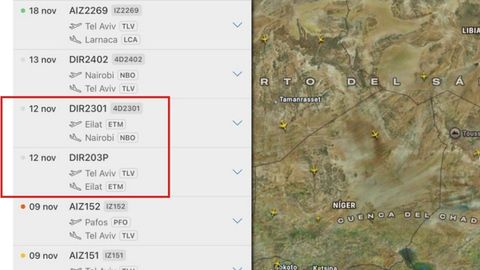 Registro de un vuelo realizado por la aerolinea Flyyo entre el aeropuerto israel&iacute; de Eilat y Nairobi, uno de los emplazamientos a los que fueron derivados residentes palestinos en Gaza