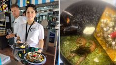 Jose Manuel y la encargada de sala, Alba, con dos paellas