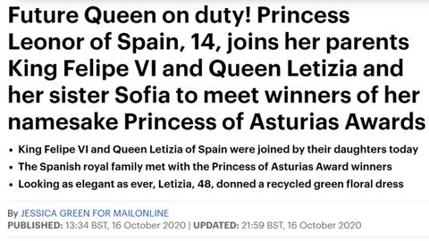 �Futura Reina de turno! La princesa Leonor de Espa�a, de 14 a�os, se une a sus padres el rey Felipe VI y la reina Letizia y su hermana Sof�a para conocer a los ganadores de los premios Princesa de Asturias que lleva su nombre.