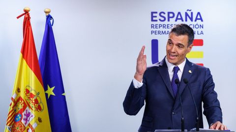 Pedro Snchez, presidente del Gobierno, en la rueda de prensa con motivo de la segunda jornada del Consejo Europeo celebrado el 30 de junio en Bruselas.