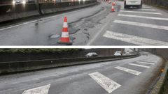 Un tramo del perif�rico de Santiago, destrozado la semana pasada y ayer tras su reparaci�n<br />�<br />�<br />