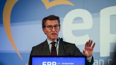 El l�der del PP, Alberto N��ez Feijoo, durante su participaci�n en un foro del PP Europeo en Lisboa.