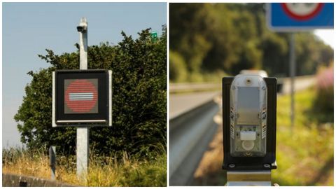 A la derecha,&nbsp;el dispositivo usado para ahuyentar a los jabal&iacute;es en la AP-9; a la izquierda,&nbsp;sistema de c&aacute;mara y se&ntilde;ales contra el acceso en sentido contrario.