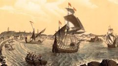 Salida de la flota de Loaysa del puerto corus (Urrabieta, litografa de J.J. Martnez, 1854).