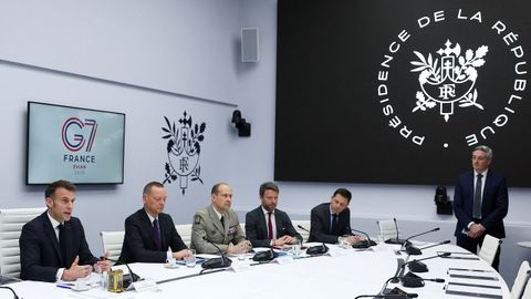 El presidente franc�s Emmanuel Macron en la videoconferencia del G7