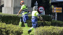 Foto de archivo de operarios trabajando en las zonas ajardinadas de la ciudad