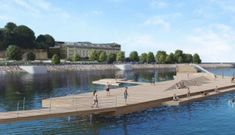 Recreaci�n de la zona recreativa prevista en O Parrote con una zona acotada por un dique flotante destinada al ba�o y las actividades acu�ticas