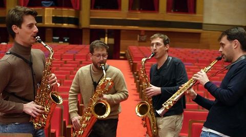 El cuarteto de saxofones, en los ensayos en el Auditorio de Galicia