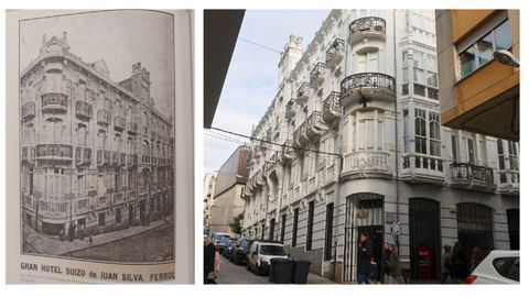 A la izquierda, anuncio del antiguo Gran Hotel Suizo, en una imagen tomada desde Dolores. A la derecha, el edificio en la actualidad, fotografiado desde la calle Real