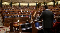 El lder del PP, Pablo Casado, este mircoles, durante su pregunta al presidente del Gobierno, Pedro Snchez, en la sesin de control al Ejecutivo.