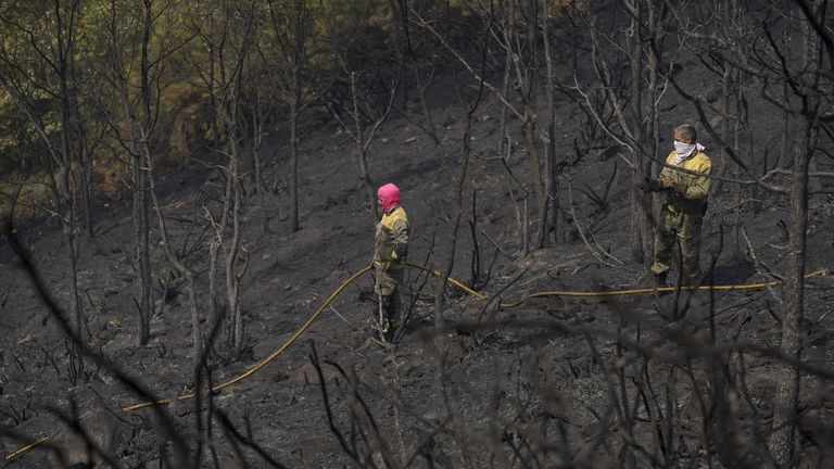 Dos brigadistas en un monte arrasado cerca de la frontera entre Ourense y Zamora, este viernes.