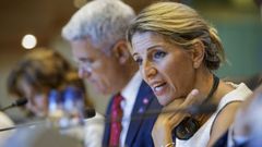 La vicepresidenta segunda del Gobierno y ministra de Trabajo en funciones, Yolanda Díaz, este jueves en la Eurocámara