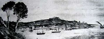 Grabado de 1858 que muestra la ciudad, con el castillo de O Castro, vista desde el monte de A Gu�a.