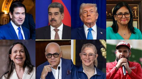 De izquierda a derecha, desde la fila superior, Marco Rubio, Nicol�s Maduro, Donald Trump, Delcy Rodr�guez, Mar�a Corina Machado, Jorge Rodr�guez, Cilia Flores y Nicol�s Maduro Guerra