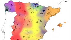 Mapa gen�tico de Espa�a. Galicia, en azul, presenta el mayor aislamiento gen�tico entre poblaciones.