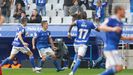 Gol Saul Berjon Javi Hernandez Ibrahima Balde Real Oviedo Osasuna Carlos Tartiere.Los futbolistas azules celebran el gol de Sa�l Berj�n ante Osasuna