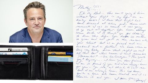 El actor fallecido Matthew Perry,&nbsp;su&nbsp;cartera plegable de cuero que ahora sale a subasta y una&nbsp; carta que le escribi&oacute; Jennifer Aniston.