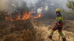 Un bombero trabaja en las labores de extincin del incendio de Ombra