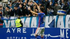 Linares Carlos Tartiere Real Oviedo Numancia Horizontal.Linares celebra su tanto frente al Numancia