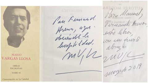 Firma dedicada de Vargas Llosa a Fernando Arenas en 1982, y en su segunda visita a la librería, en el 2019, a Manuel Arenas y su hijo Fernandito.