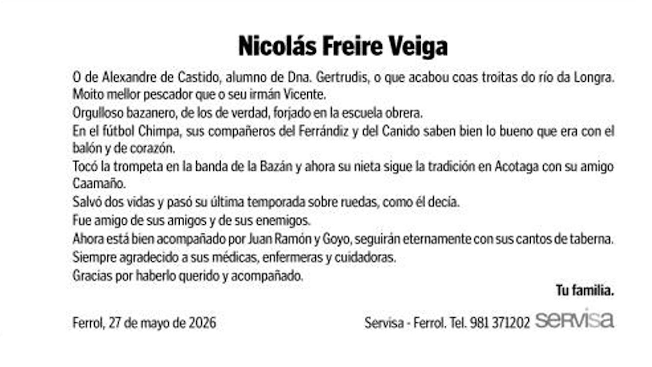 La entrañable esquela que despide en Ferrol a Chimpa, un «bazanero de los de verdad» que «acabou coas troitas do río da Longra»