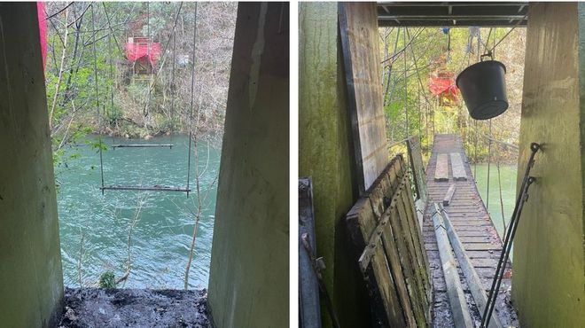 El antes y el despu&eacute;s, todav&iacute;a con las obras en curso, del puente colgante de Fornelos, en las Fragas do Eume.