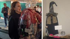 A la izquierda, Luz Casal recogiendo su regalo tras el concierto del pasado s�bado en A Coru�a. A la derecha, la bruja que le entregaron, obra de la ferrolana Ver�nica Castro.