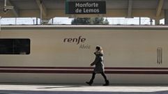 Una viajera pasa junto al tren Alvia Lugo-Madrid, detenido en la estaci�n de Monforte