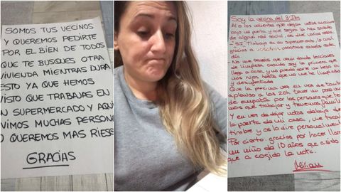 A la izquierda, la nota que los vecinos de Miriam, cajera en un sper de Cartagena, le dejaron en su puerta. A la derecha, su respuesta