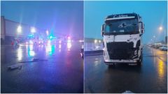 A la izquierda, los servicios de emergencia trabajando en el lugar del siniestro; a la derecha, el estado en el que qued� uno de los camiones tras el golpe.
