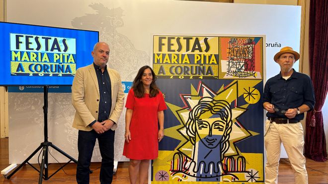 El concejal de Fomento y Promocin de la ciudad, Gonzalo Castro, junto a la alcaldesa, Ins Rey, y Javier de la Rosa, el diseador del cartel de las fiestas de este ao.