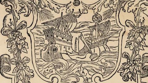 Detalle de la ilustraci�n que figuraba en la portada de la edici�n original de la �Biblia de Ferrara� y que reproduce la publicaci�n de la Biblioteca de Castro. El barco que navega aguas convulsas -con el palo de la cofa roto- es una met�fora de los tiempos convulsos que entonces viv�an los jud�os y encerraba un mensaje de aliento moral. El delf�n, s�mbolo de buena fortuna.