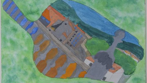 El trabajo de Ángela Álvarez Barrero es de gran originalidad y combina un elemento tan popular como el pimiento de Padrón con un paisaje monumental de la localidad perfectamente reconocible. Tanto la pintura como el dibujo son de gran calidad.