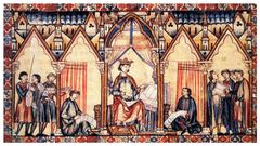 Afonso X o Sabio ditando o Libro de los Juegos, cuxo nico orixinal coecido se conserva na biblioteca do mosteiro de El Escorial
