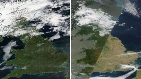 Decoloraci�n de las islas brit�nicas captada desde el espacio. A la izquierda (24 de mayo), el sur de Inglaterra y Gales muestran el caracter�stico paisaje h�medo y verde intenso de la primavera atl�ntica. A la derecha (15 de julio), tras el paso de masas de aire c�lido in�ditas en estas latitudes, la imagen a color real revela un terreno inusualmente seco y te�ido de tonos ocres.