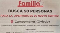 Anuncio del nuevo supermercado Familia en Campomanes, Oviedo