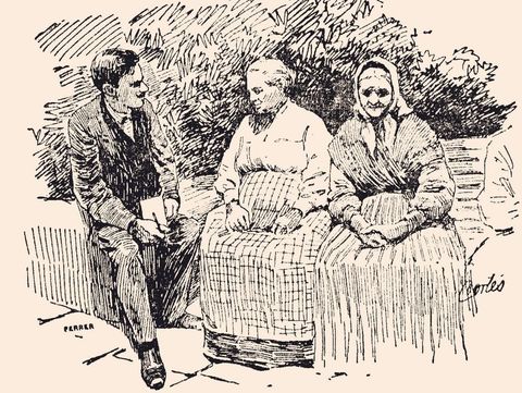 En la ilustraci�n de Cort�s, Villar Ponte en 1912 durante su visita a una instituci�n de caridad para ni�os y ancianos. Reportaje para La Voz