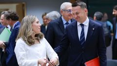 La ministra sueca de Asuntos Exteriores, Jessica Rosencrantz, saludando a su homlogo polaco, Adama Szlapka