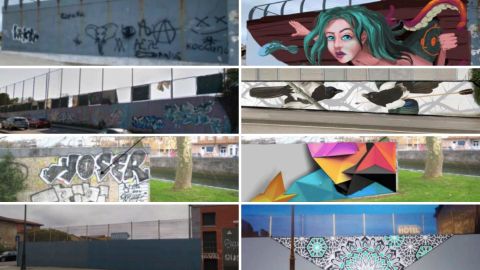 Cuatro de las zonas que se van a muralizar, con el resultado previsto a la derecha de cada imagen de la izquierda, a partir de septiembre en Gij�n