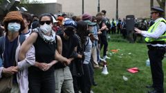 Varios manifestantes propalestinos este domingo en el Instituto de Arte de Chicago.