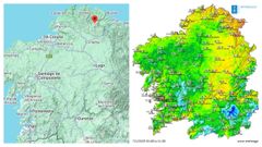 A la izquierda localizacin de la Serra do Xistral donde acta el efecto Foehn. A la derecha el mapa de mximas de este mircoles que muestras las ms altas en el norte de Lugo
