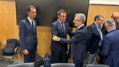 El consejero de Hacienda, Justicia y Asuntos Europeos, Guillermo Pel�ez, saluda al ministro de Hacienda, Arcardi Espa�a, antes de la reuni�n del pleno del Consejo de Pol�tica Fiscal y Financiera.