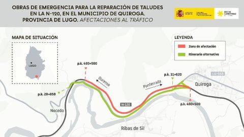 Imagen difundida por el Ministerio de Transportes para explicar el corte de la N-120 en Quiroga y el itinerario alternativo que podr�n tomar los conductores