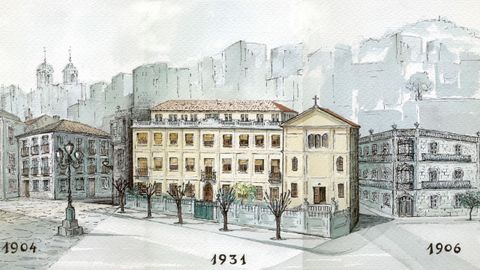 En el dibujo se pueden ver los distintos emplazamientos que ha tenido el colegio en la ciudad: plaza de la Constituci�n (1904), la Gran V�a (1931) y avenida de Garc�a Barb�n (1906).