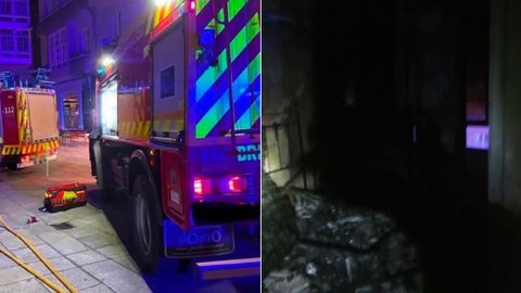 Varias dotaciones de bomberos se desplazaron de madrugada por un incendio a la céntrica Praza de Macías (imagen de la izquierda). Algunas habitaciones de la vivienda afectada quedaron calcinadas por el fuego (derecha).