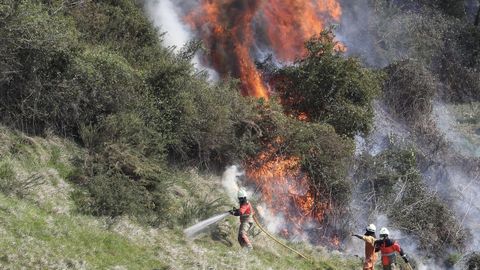 Unos bomberos trabajan este viernes en las tareas de extinci�n del incendio que comenz� esta madruga en las laderas del monte Naranco, en las cercan�as del casco urbano de Oviedo