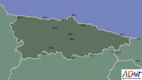 Las temperaturas registradas por AEMET a las 00.00 del 7 de septiembre en Asturias