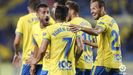 Jugadores de Las Palmas celebran uno de los tantos de Rubn Castro al Reus